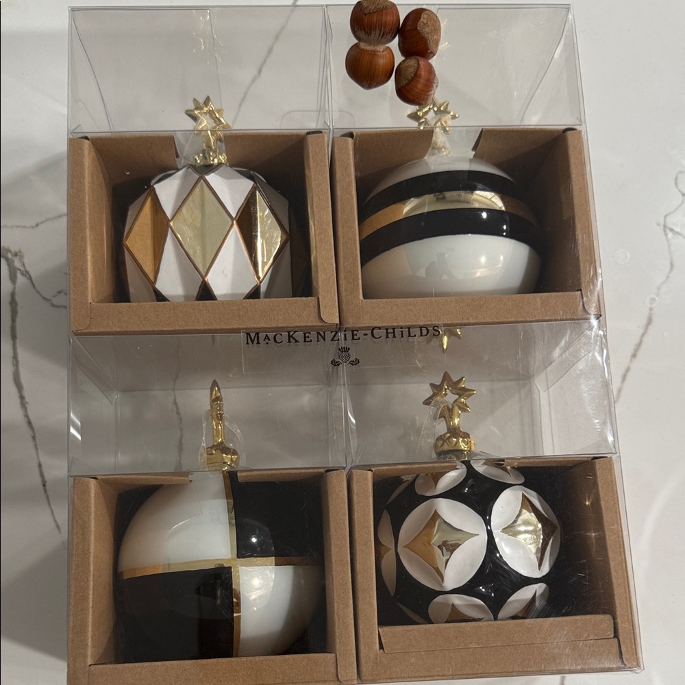 MacKenzie-Childs Black, White, and Gold Ornament Collection